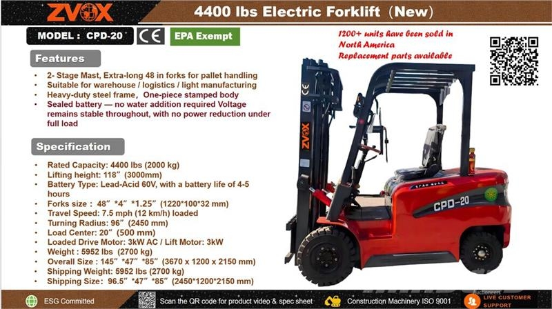 ZVOX CPD-20 4400 lb Electric Forklift (Unused) Električni viličari