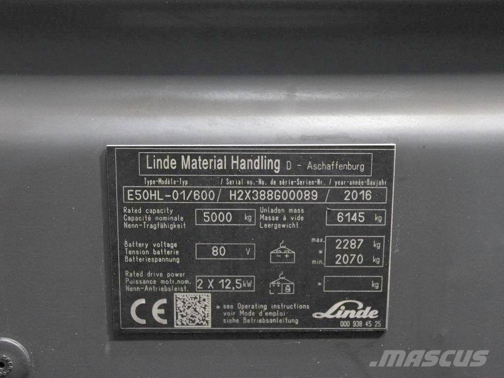 Linde E 50 HL-01/600 388 شاحنات ذات رافعات شوكية تعمل بالكهرباء