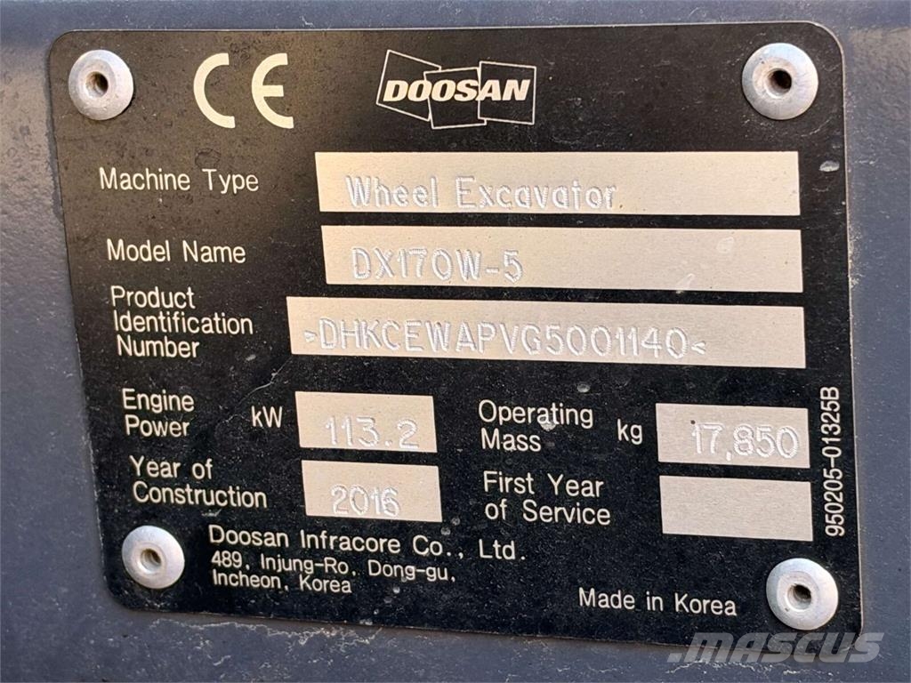 Doosan DX170W-5 Engcon Leica 3D GPS Wheeled excavators