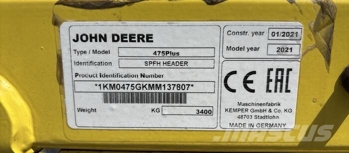 John Deere 475 Derliaus nuėmimo kombainų priedai