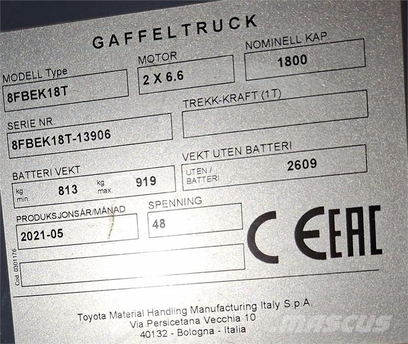 Toyota 8FBEK18T شاحنات ذات رافعات شوكية تعمل بالكهرباء