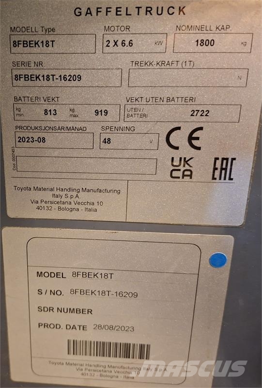 Toyota 8FBEK18T Elektriniai šakiniai krautuvai