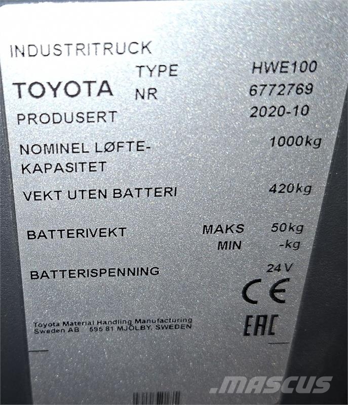Toyota HWE100 Παλετοφόρα πεζού χειριστή με ιστό