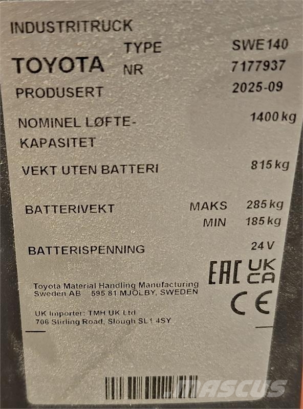 Toyota SWE140 Παλετοφόρα πεζού χειριστή με ιστό