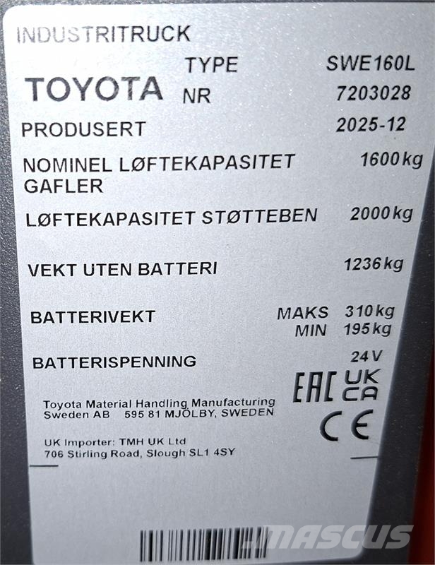 Toyota SWE160L Παλετοφόρα πεζού χειριστή με ιστό