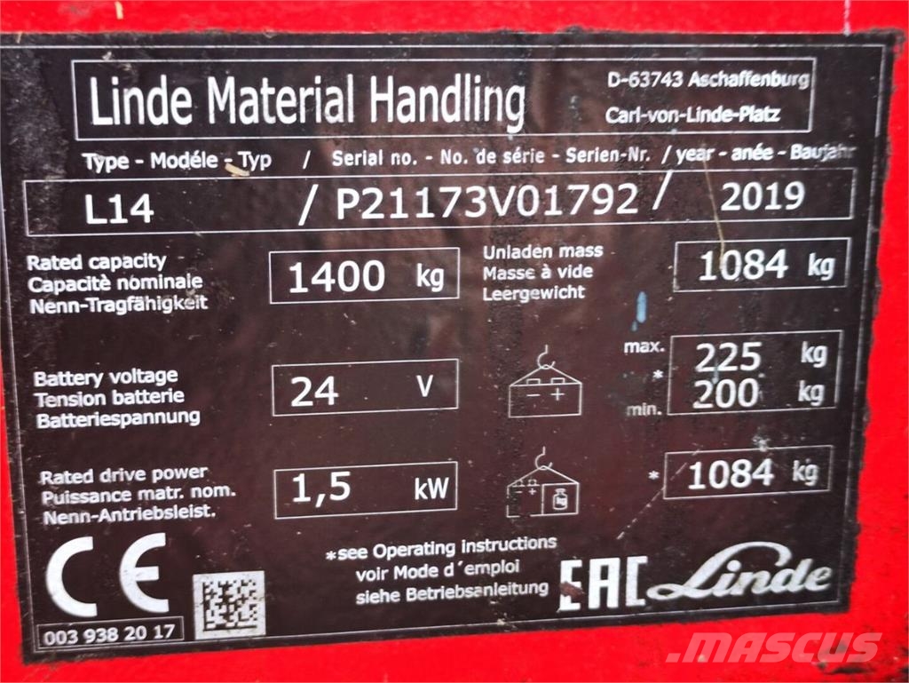 Linde L14 - 1173 Παλετοφόρα πεζού χειριστή με ιστό